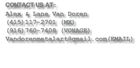 Contact Us at: Alex & Lane Van Doren (415)117-2701 (MX) (916)760-7408 (VONAGE)
Vandorenmetalart@gmail.com(EMAIL)
